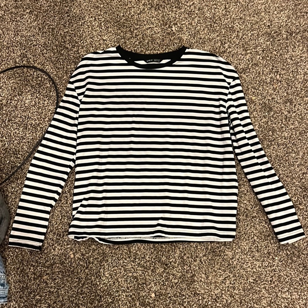 S Black and White Striped Long Sleeve Crew Neck Shirt